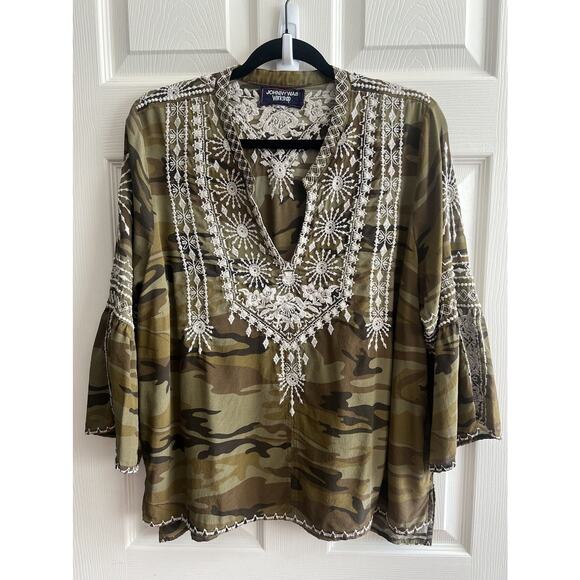 JOHNNY WAS Workshop 100% Silk Ciro Camo Embroidered Flare Sleeve Tunic Blouse - Picture 5 of 15
